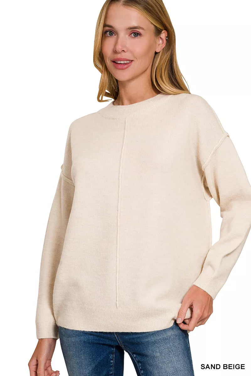 Zenana Melange Front Seam Round-Neck Sweater SAND BEIGE Trendsi