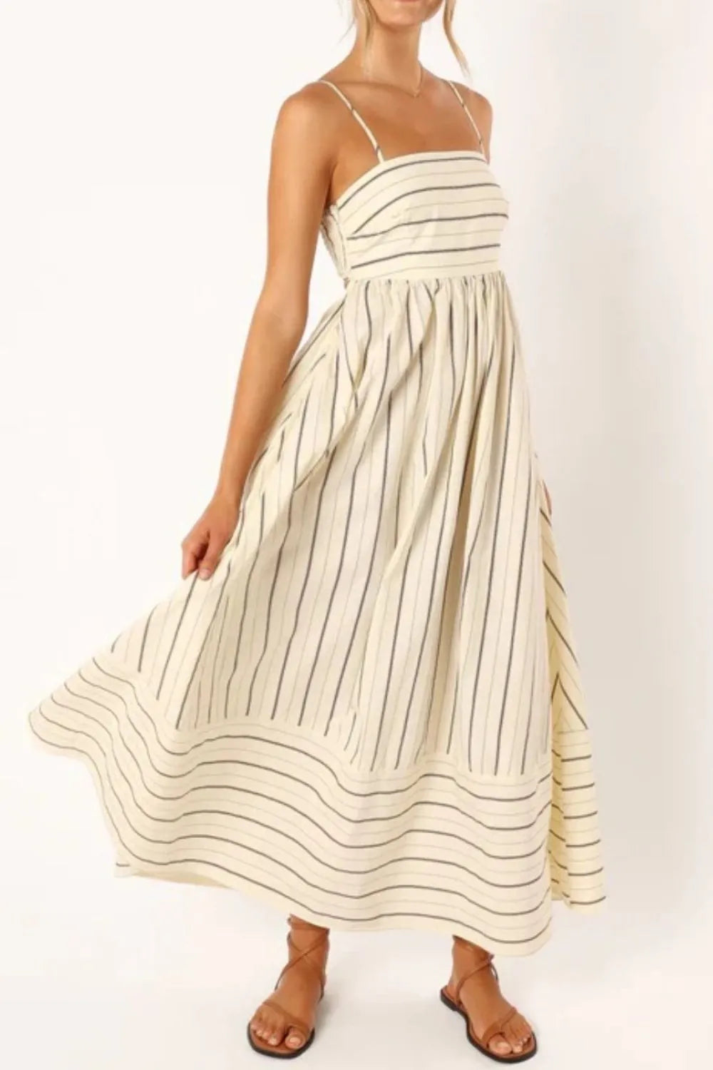Striped Square Neck Cami Dress Beige OutfitFlow