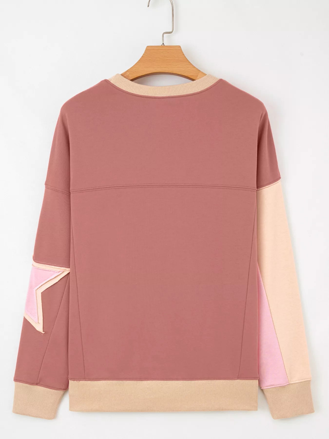 Contrast Star Patchwork Exposed Seam Uneven Hem Drop Shoulder Sweatshirt OutfitFlow