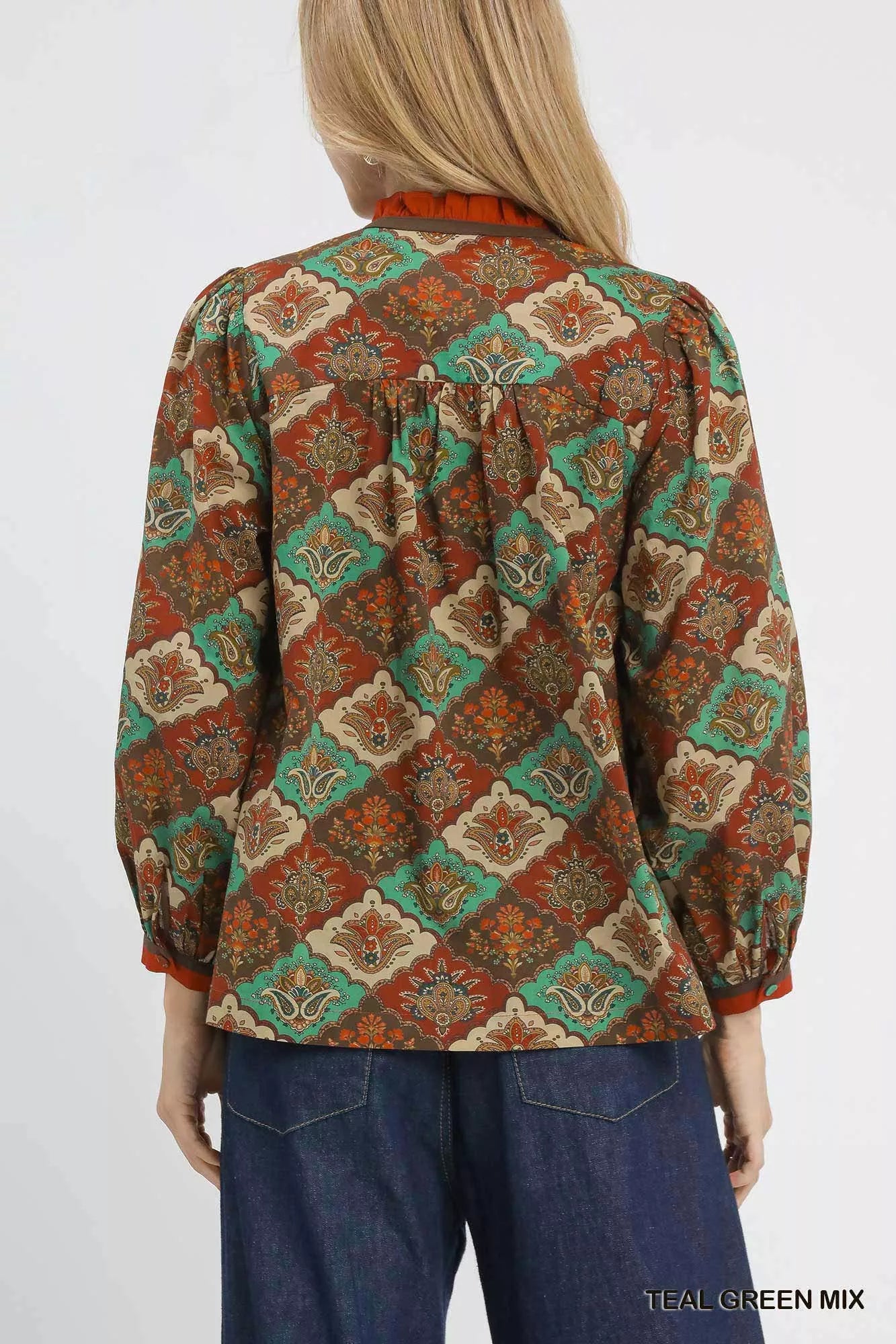 Umgee Abstract Print Ruffle Neck Top OutfitFlow