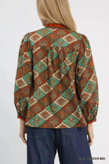 Umgee Abstract Print Ruffle Neck Top OutfitFlow