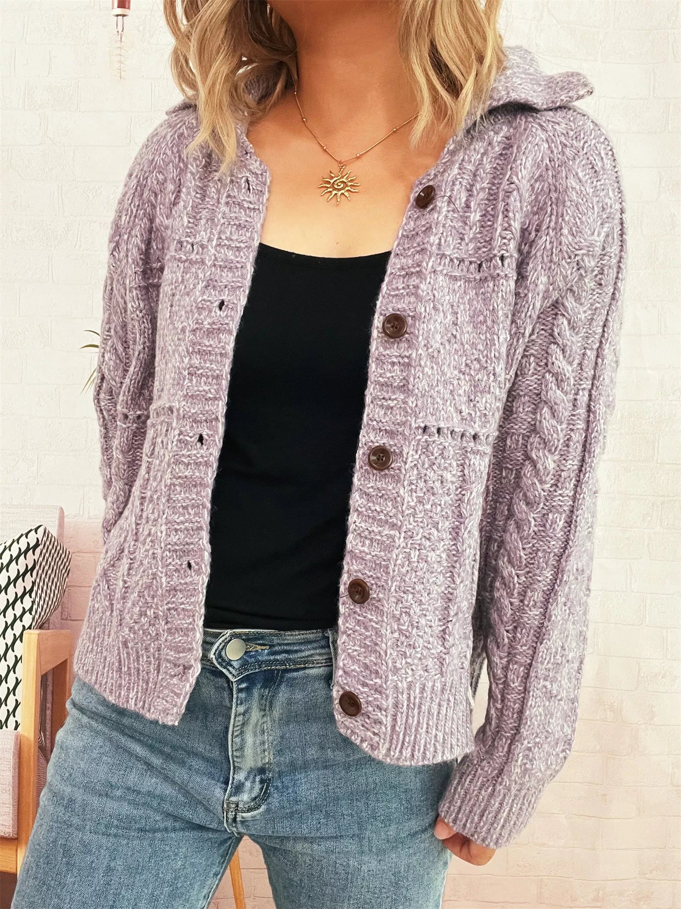 Openwork Cable Knit Button-Up Cardigan OutfitFlow