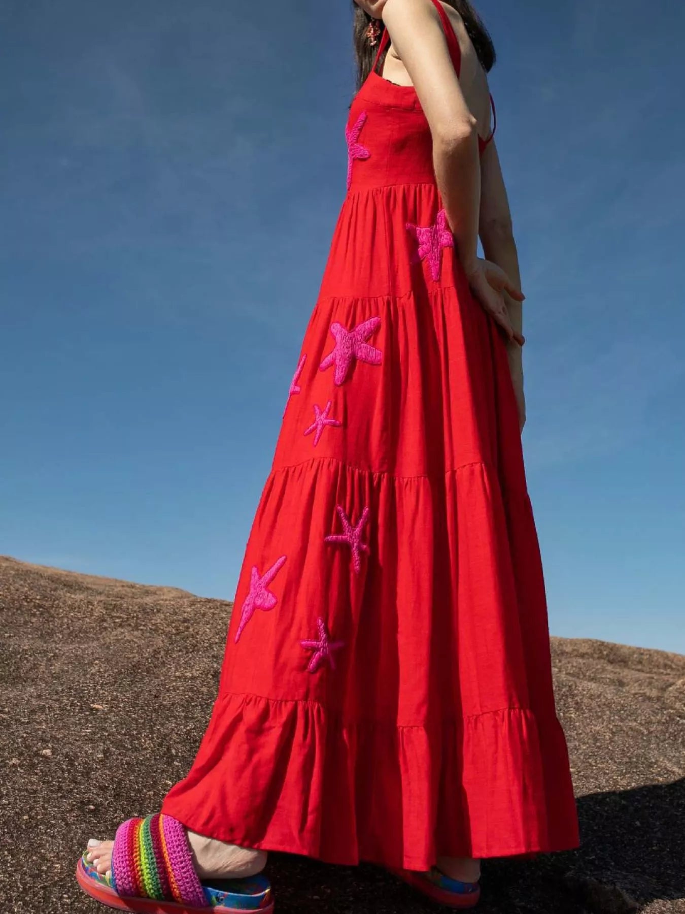 Embroidered Square Neck Tiered Maxi Cami Dress OutfitFlow