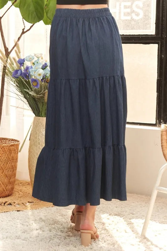 ADORA Waist Band Tiered Denim Maxi Skirt OutfitFlow
