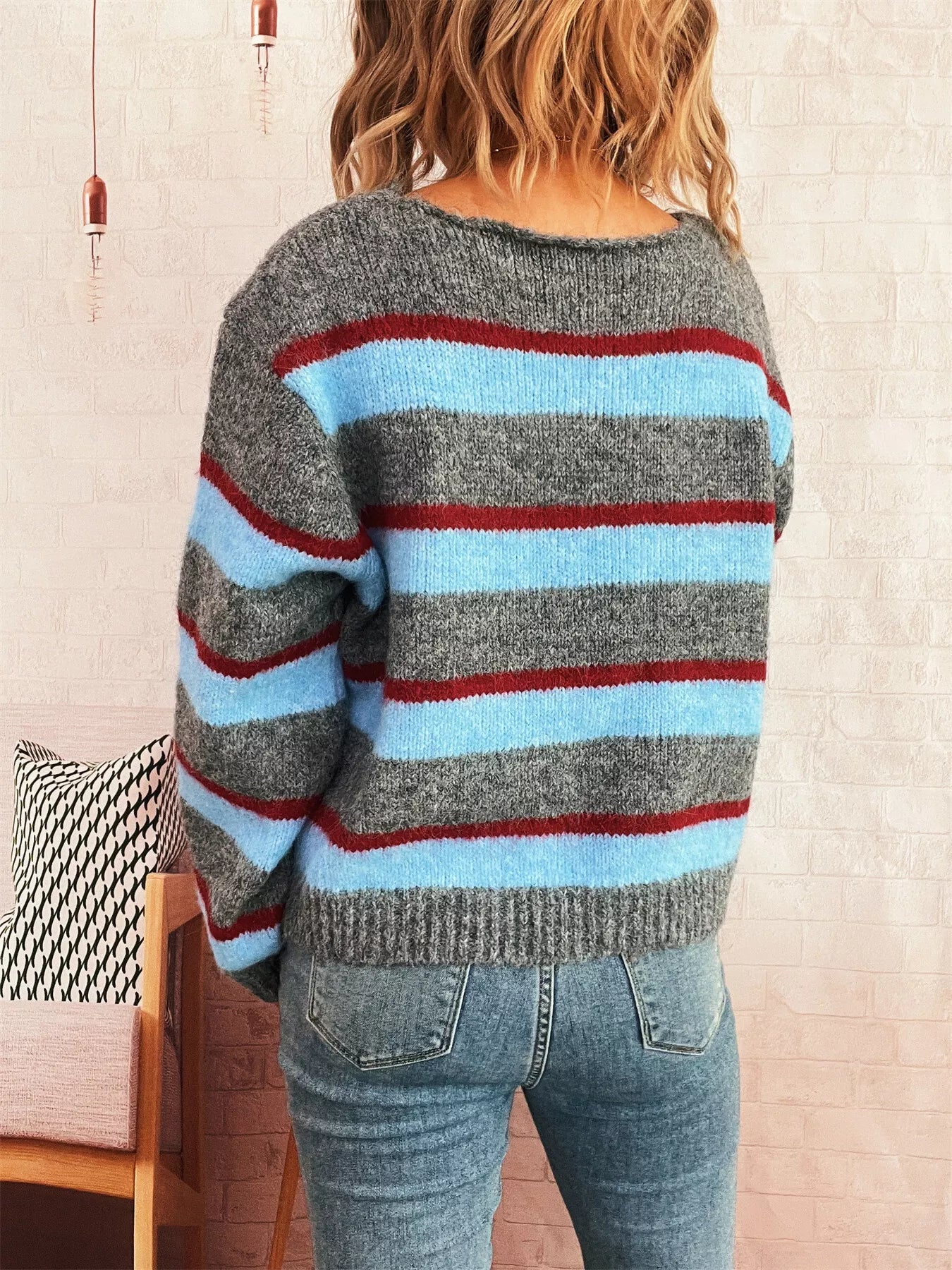 Striped Round Neck Long Sleeve Sweater OutfitFlow