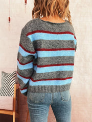Striped Round Neck Long Sleeve Sweater OutfitFlow