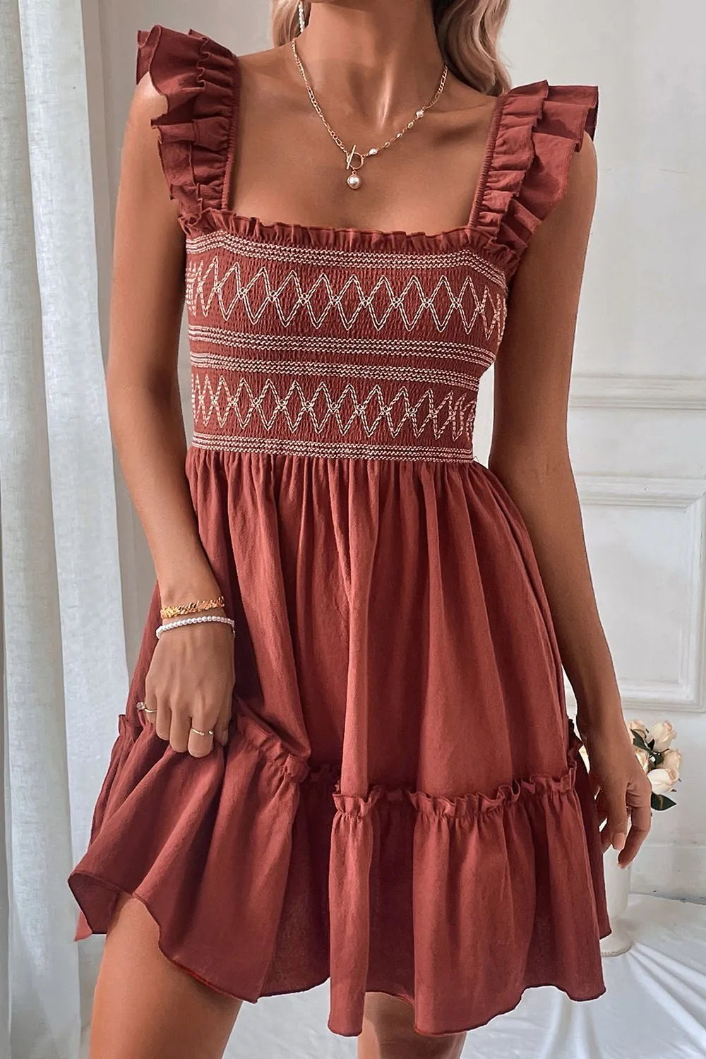 Ruffled Smocked Cap Sleeve Mini Dress OutfitFlow