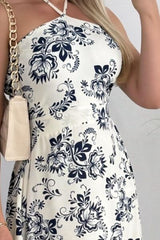 Smocked Printed Halter Neck Dress White OutfitFlow