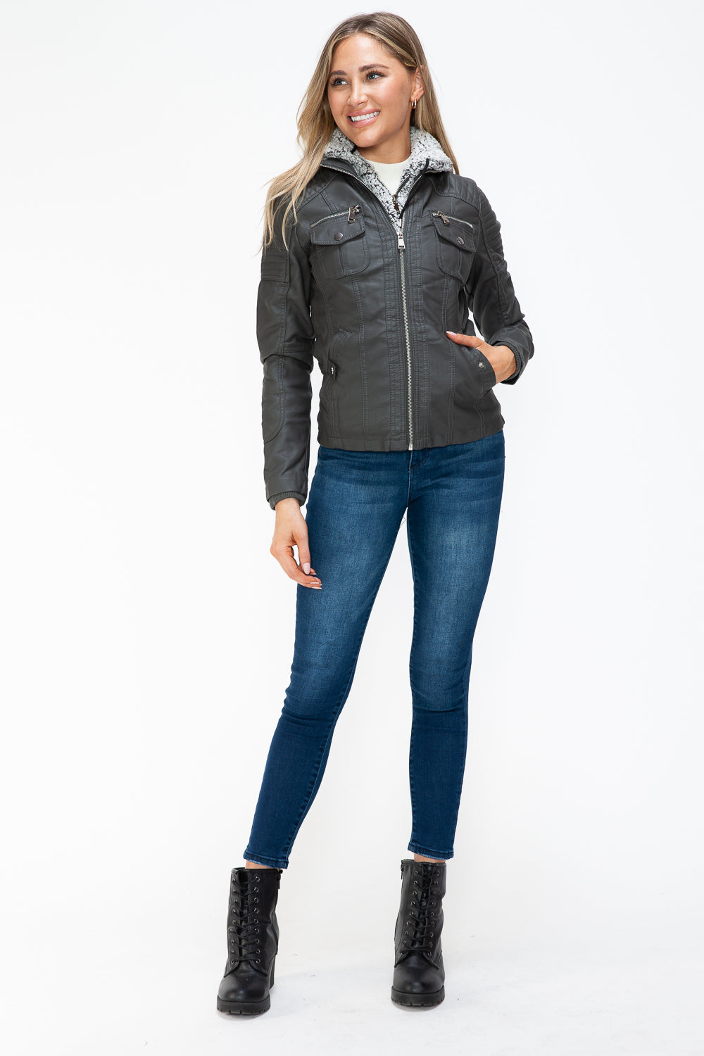 Outfit Flow - YMI Removable Faux Layered Multi-Pocket Jacket with Fuzzy Hood