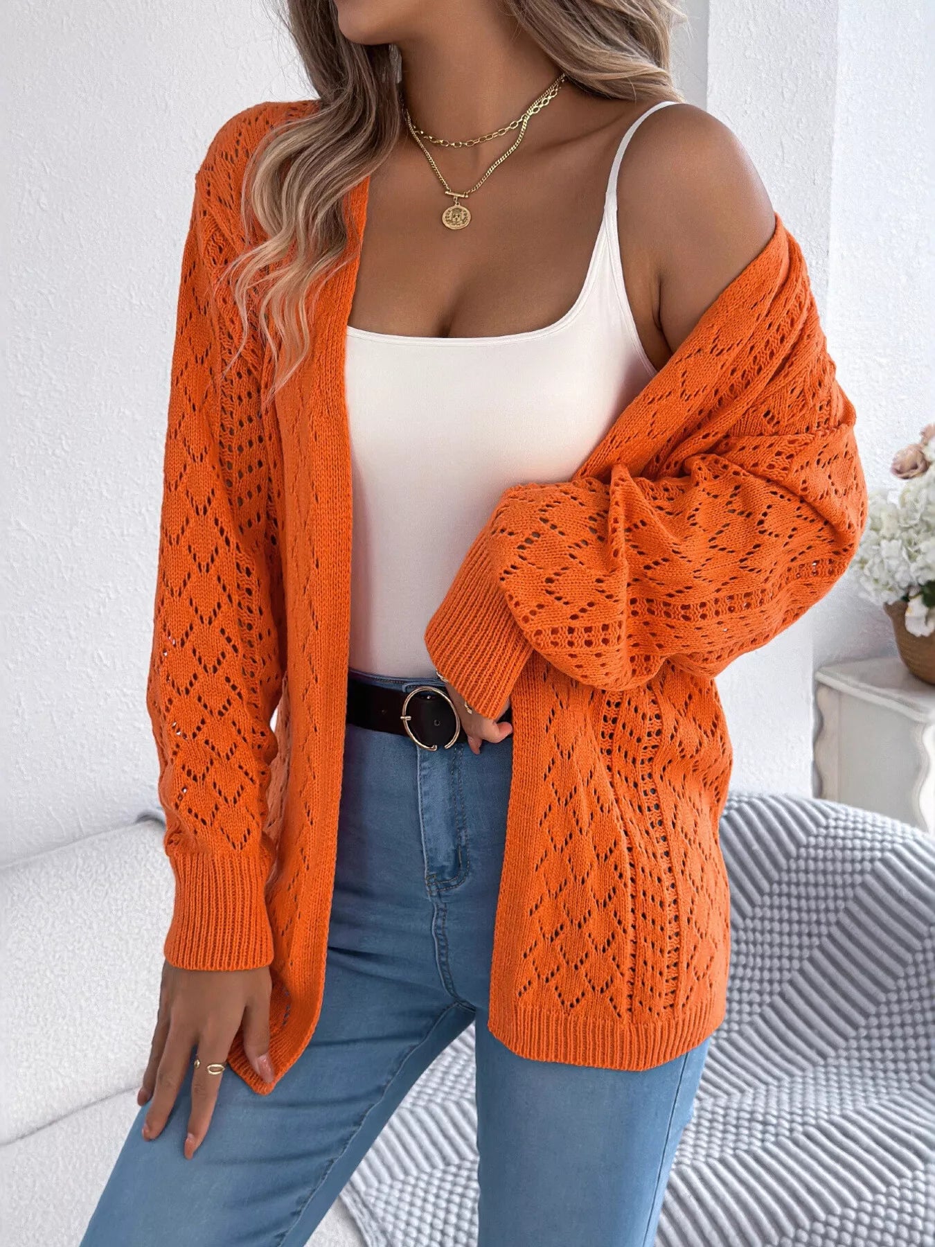 Openwork Open-Front Long Sleeve Cardigan OutfitFlow