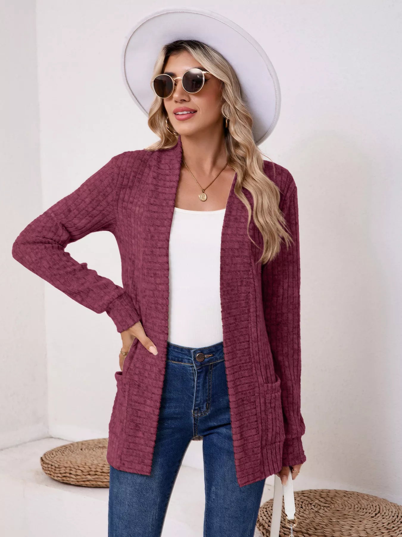Casual Knit Open Front Cardigan Burgundy OutfitFlow