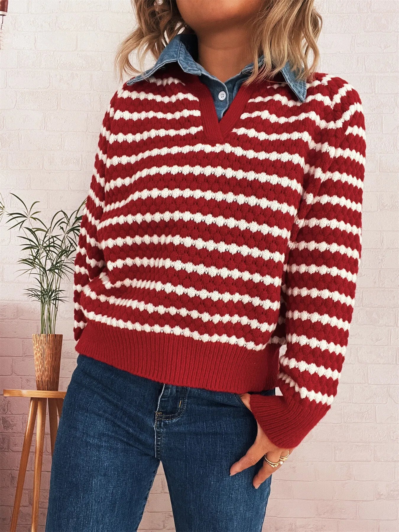 Contrast Striped Sweater with Denim Collar OutfitFlow