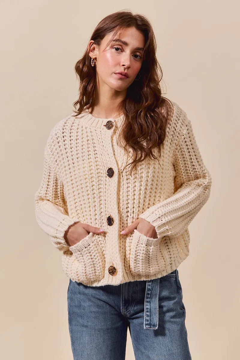 SO ME Metal Button Long Sleeve Chunky Sweater Cardigan OutfitFlow