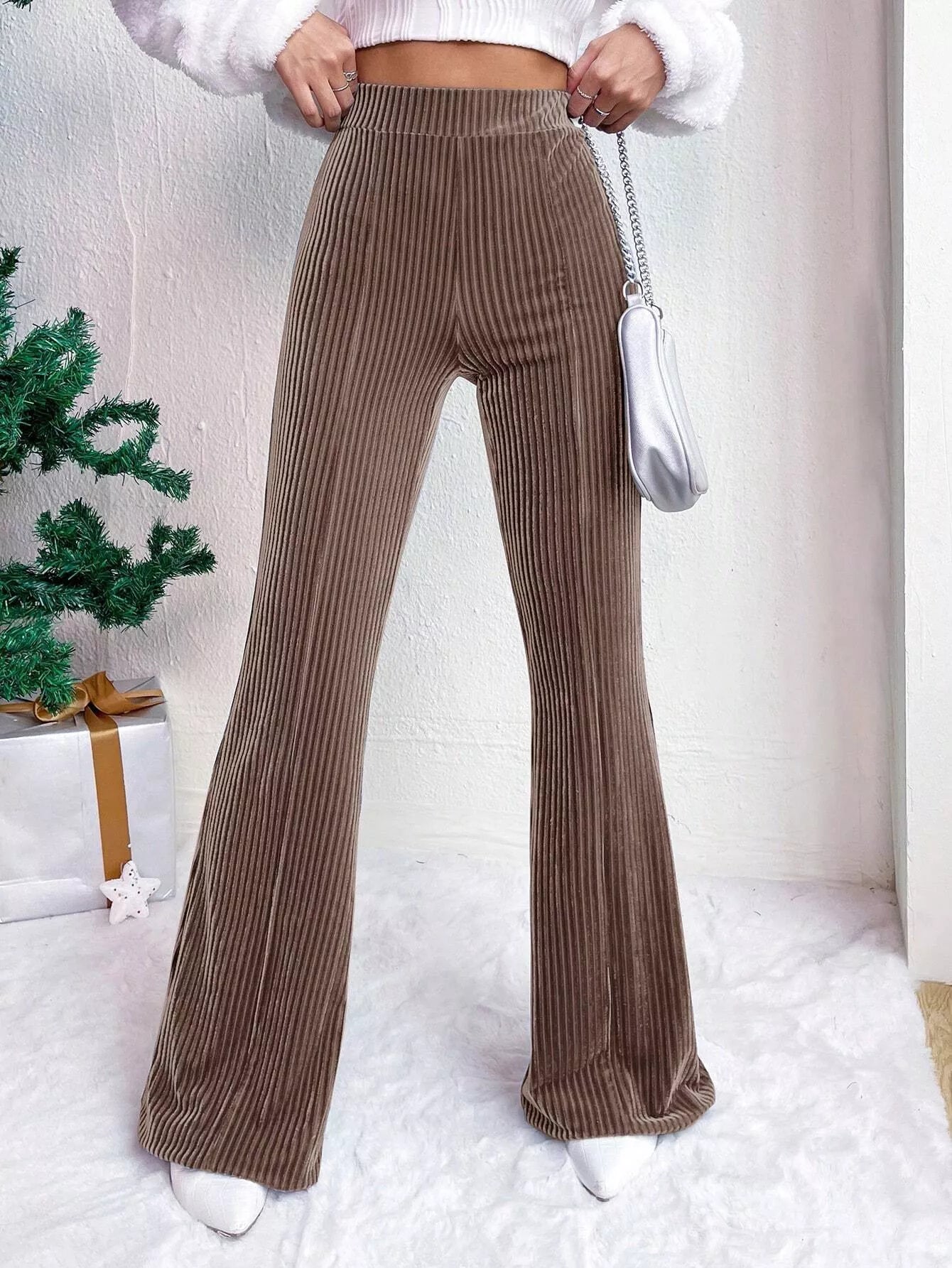 Corduroy High Waist Flare Pants Taupe OutfitFlow