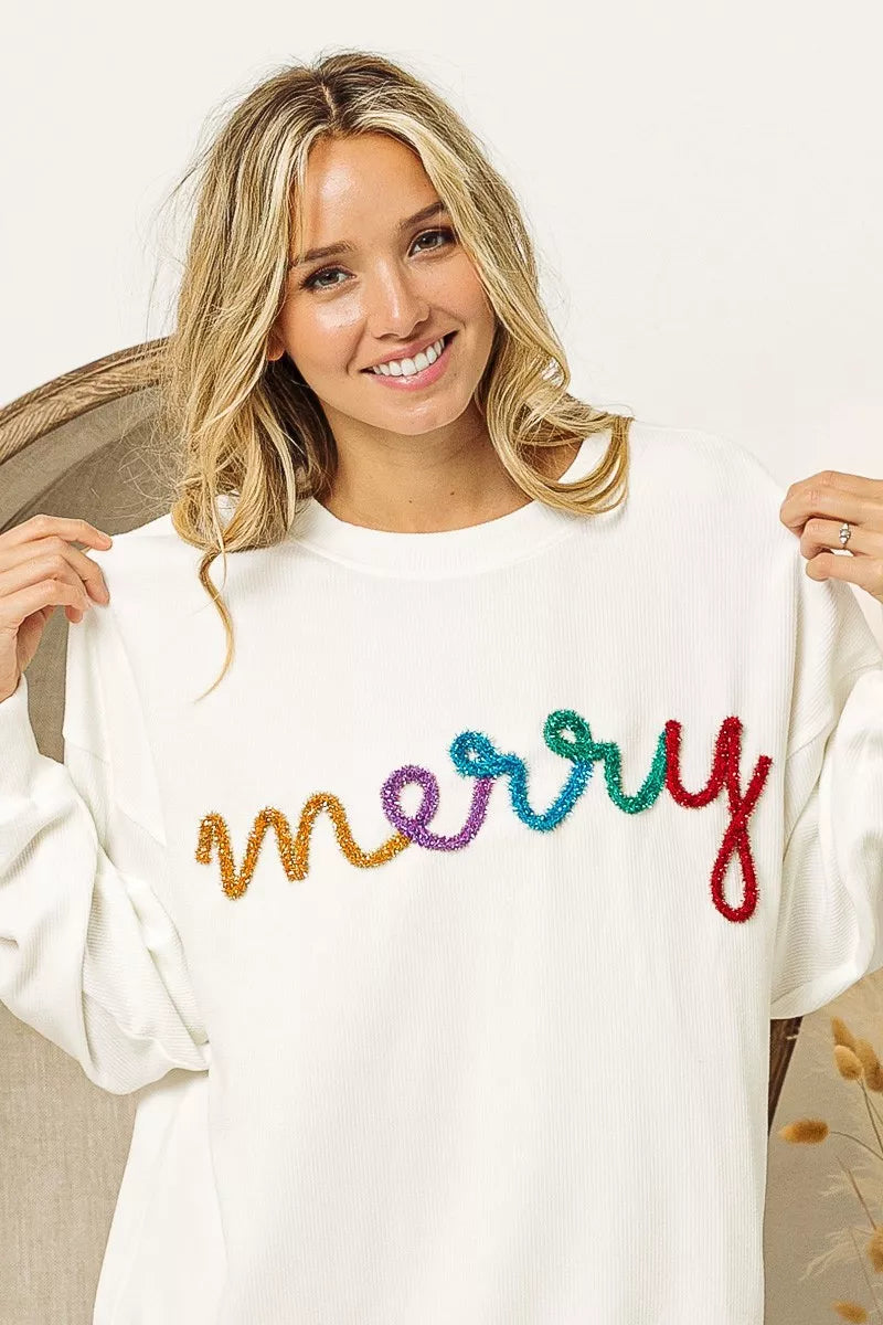 BiBi Merry Tinsel Lettering Drop Shoulder Sweatshirt OutfitFlow