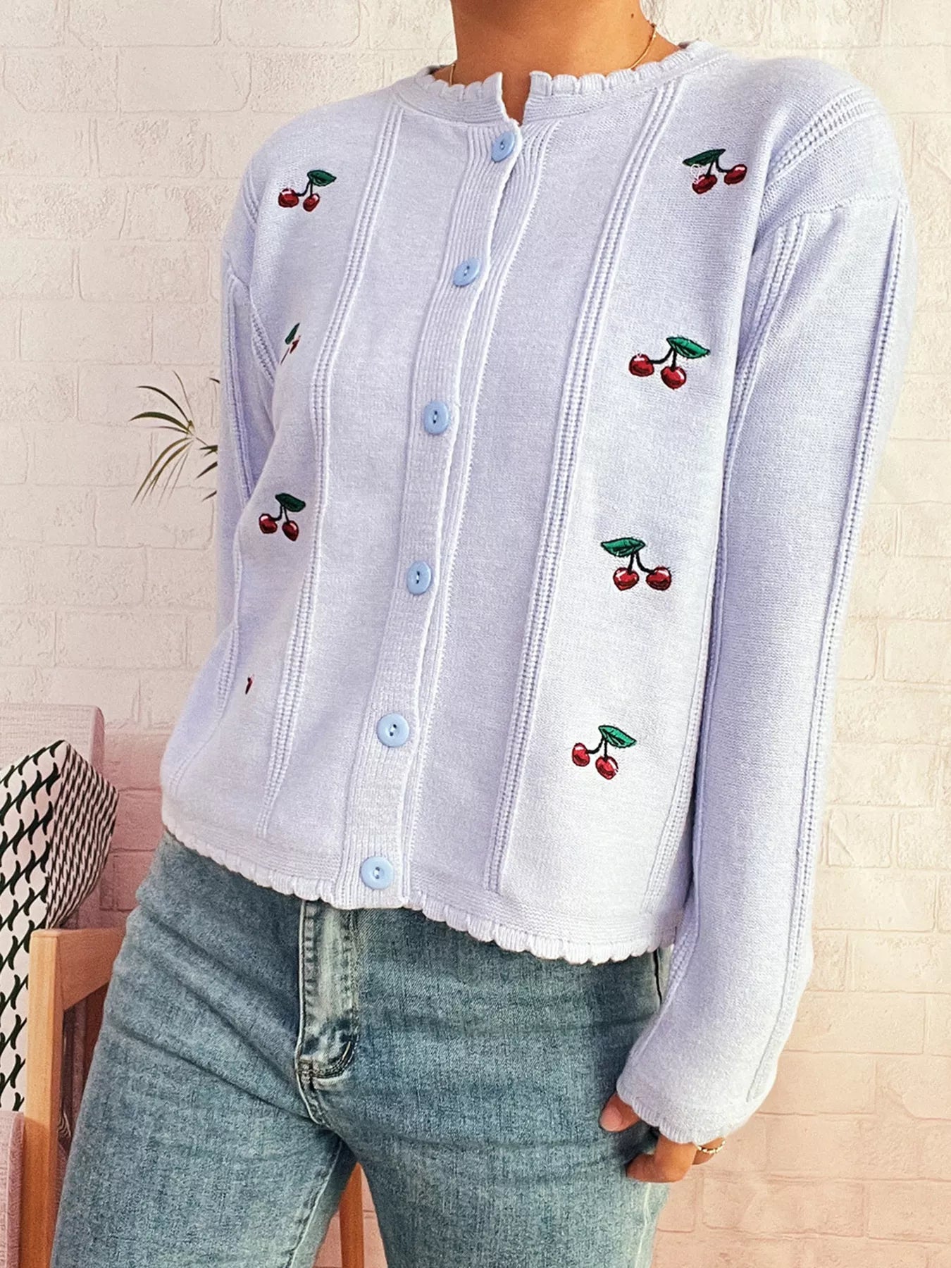 Cherry Embroidered Button Up Cardigan OutfitFlow