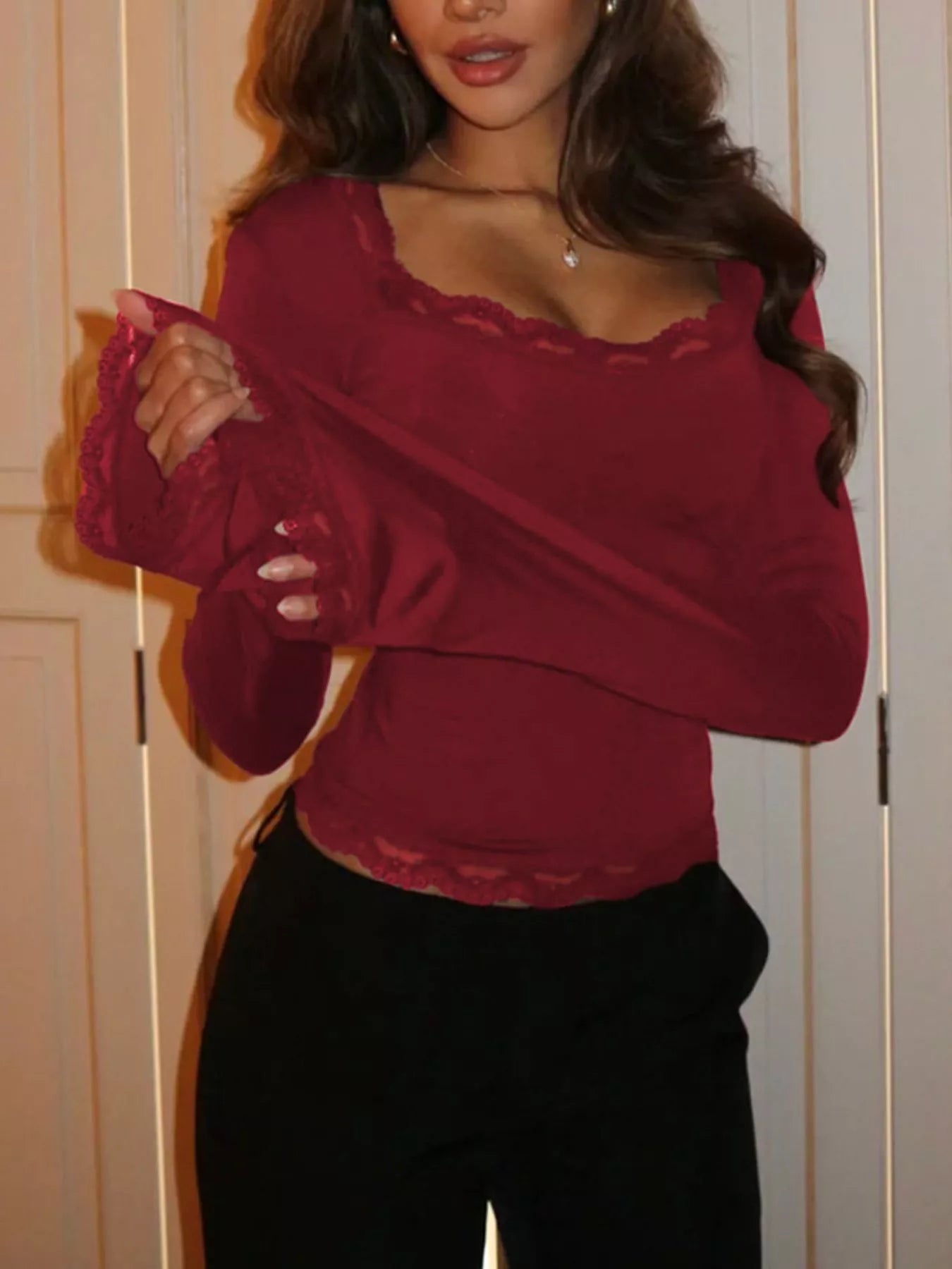 Lace Trim Long Sleeve T-Shirt Trendsi