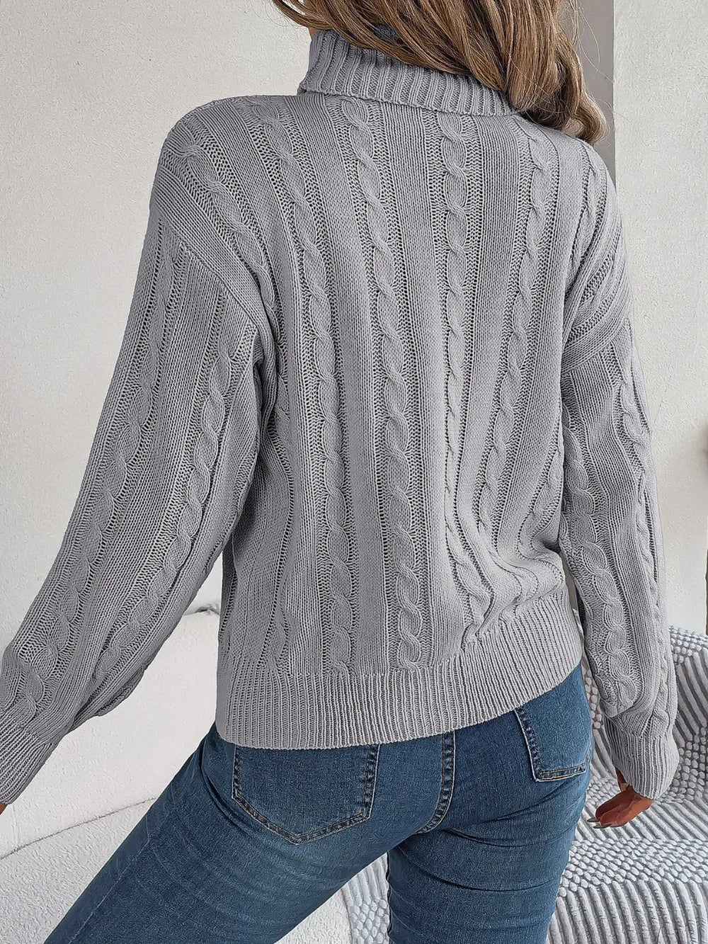 Cable-Knit Turtleneck Dropped Shoulder Sweater Trendsi