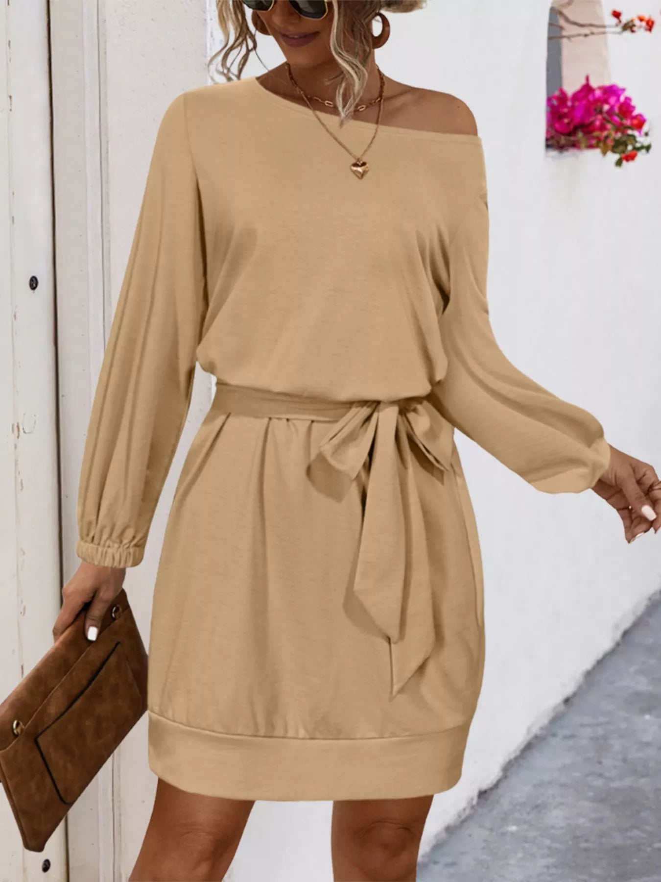 One Shoulder Tie Waist Dress Khaki OutfitFlow
