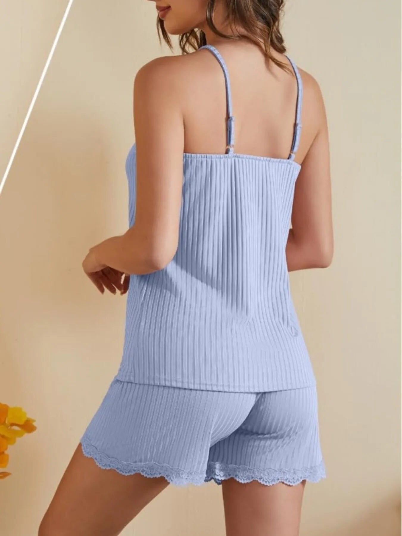 Lace-Trimmed Ribbed Cami and Shorts Lounge Set OutfitFlow