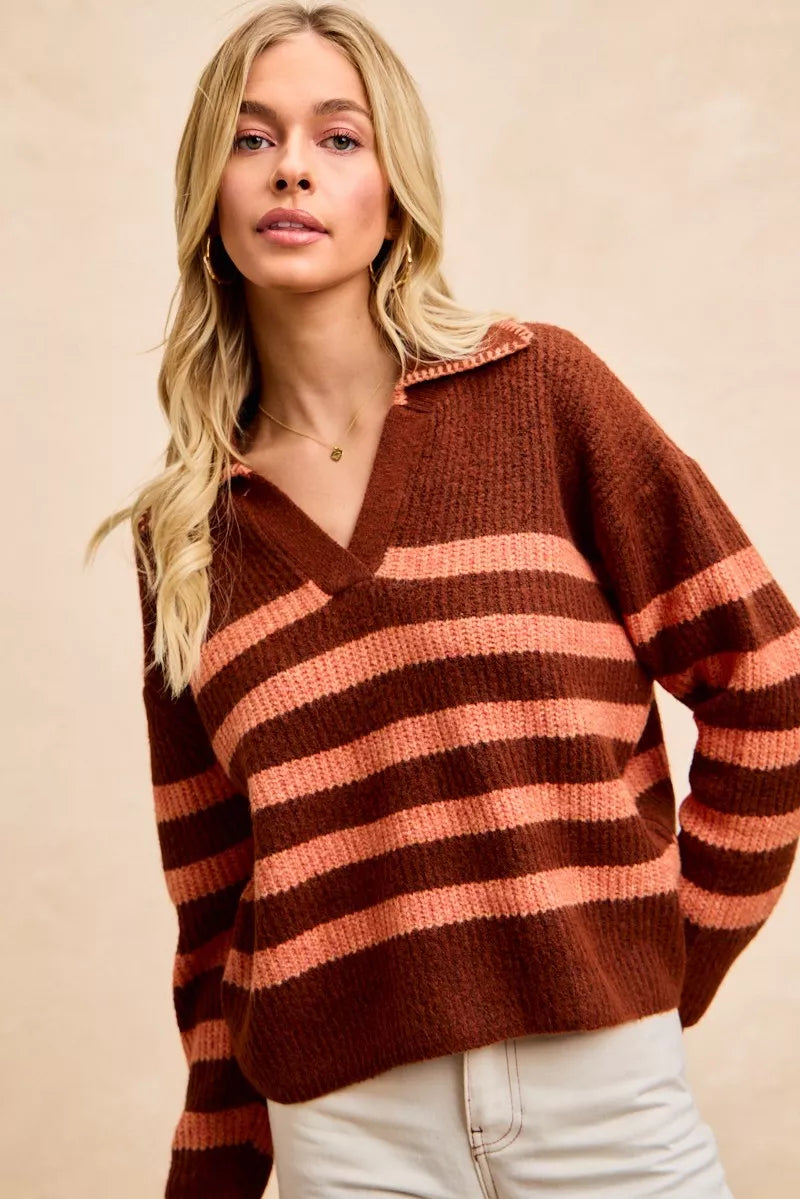 BiBi Striped Sweater Top with Collar Stitched Details Trendsi