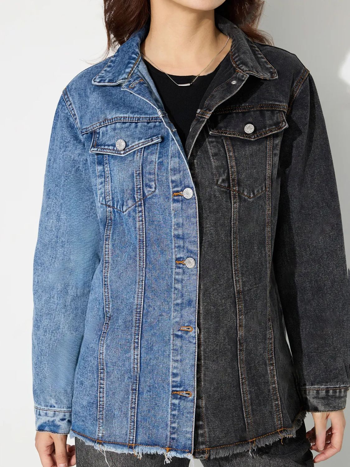 Raw Hem Contrast Collared Neck Denim Top