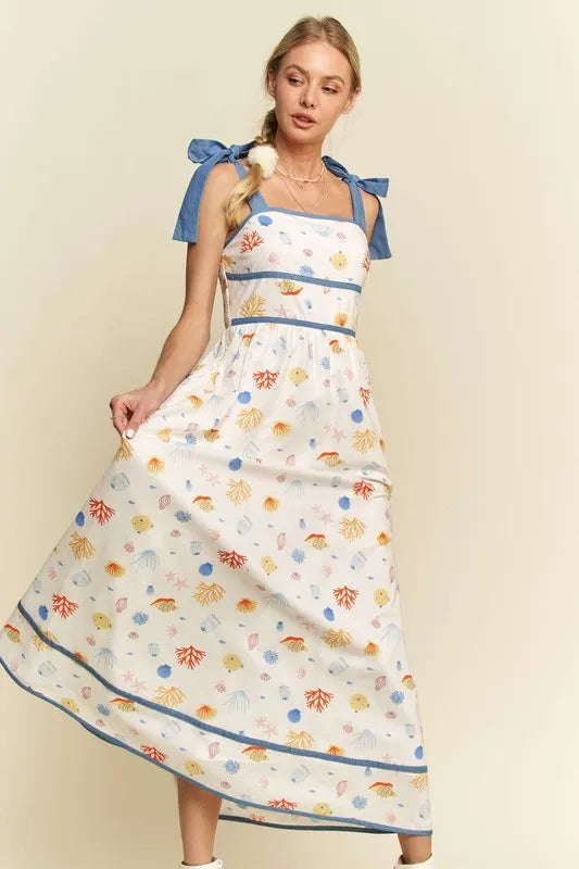 Davi & Dani Denim Binding Detail Smocking Summer Maxi Dress OutfitFlow