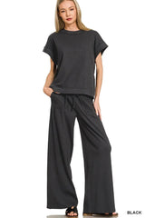 Zenana Ribbed Short Sleeve Tee and Pants Set BLACK Trendsi