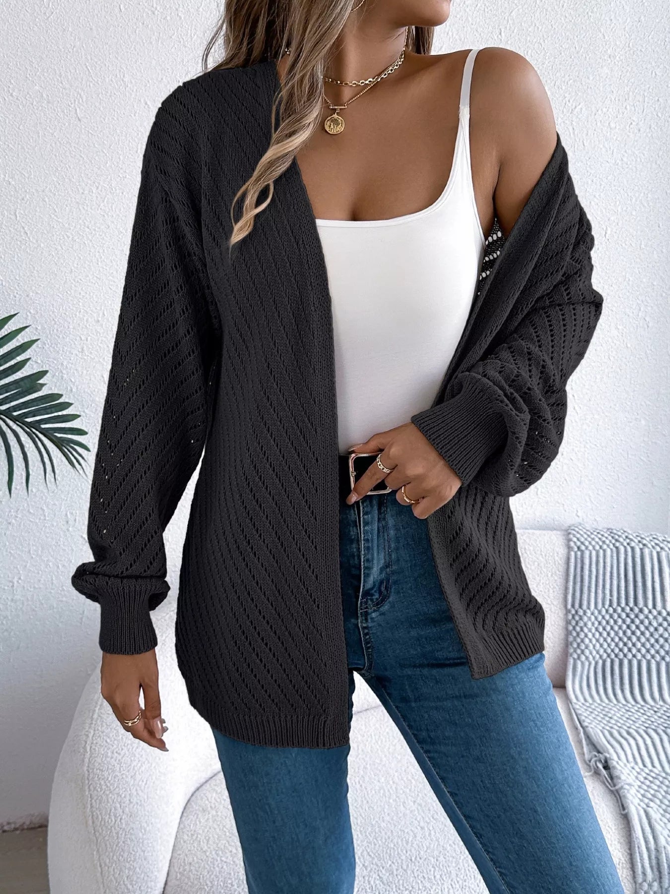 Openwork Open-Front Long Sleeve Cardigan Black OutfitFlow