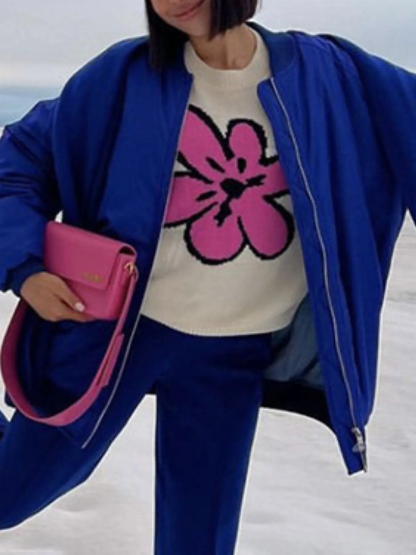 Flower Ribbed Hem Round Neck Sweater OutfitFlow