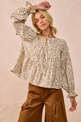 BiBi Floral Printed Peplum Blouse with Shirring and Tied OATMEAL OutfitFlow