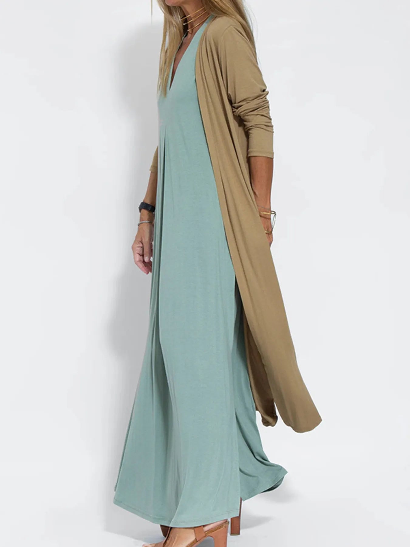 Full Size Open Front Side Slit Longline Cardigan Plus Size OutfitFlow
