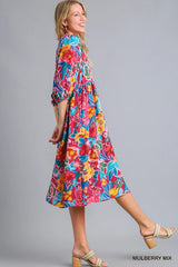 Umgee Full Size Floral Print Tie Neck Midi Dress with Pockets Plus Size Trendsi