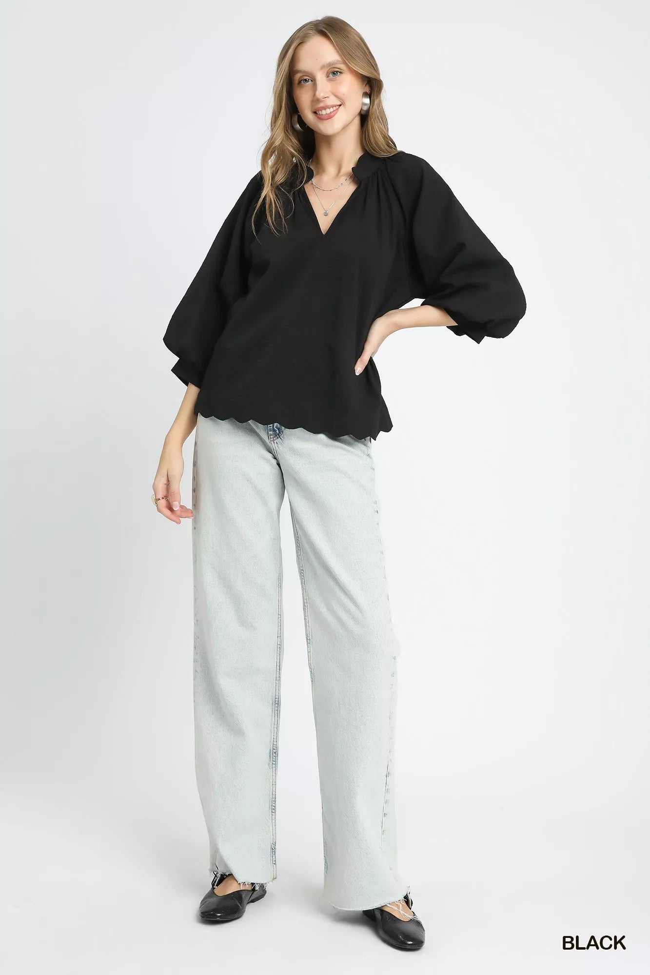 Umgee Full Size Textured Notched Balloon Sleeve Blouse Plus Size OutfitFlow