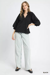 Umgee Full Size Textured Notched Balloon Sleeve Blouse Plus Size OutfitFlow