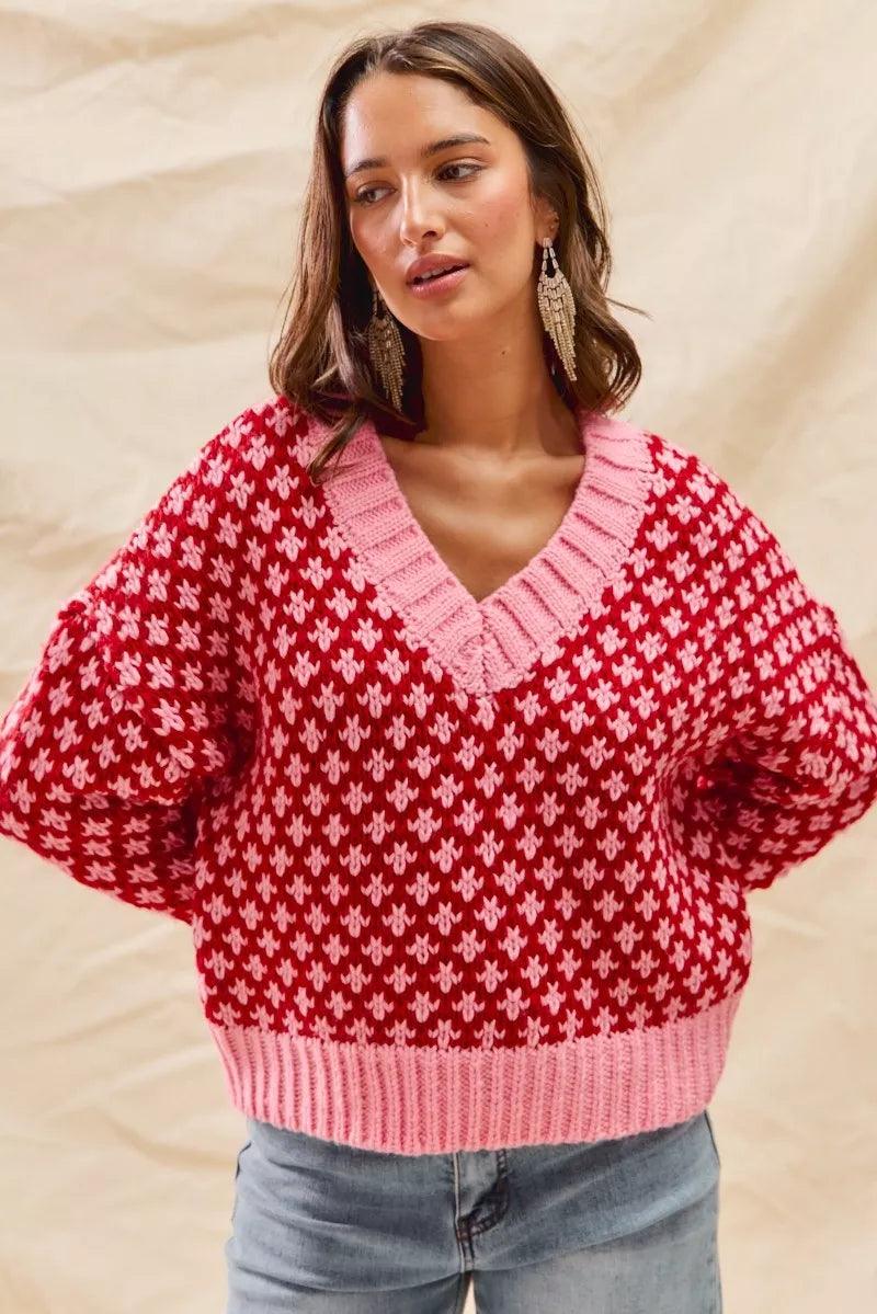 SO ME Color Block Textured Christmas Sweater V Neck Top OutfitFlow