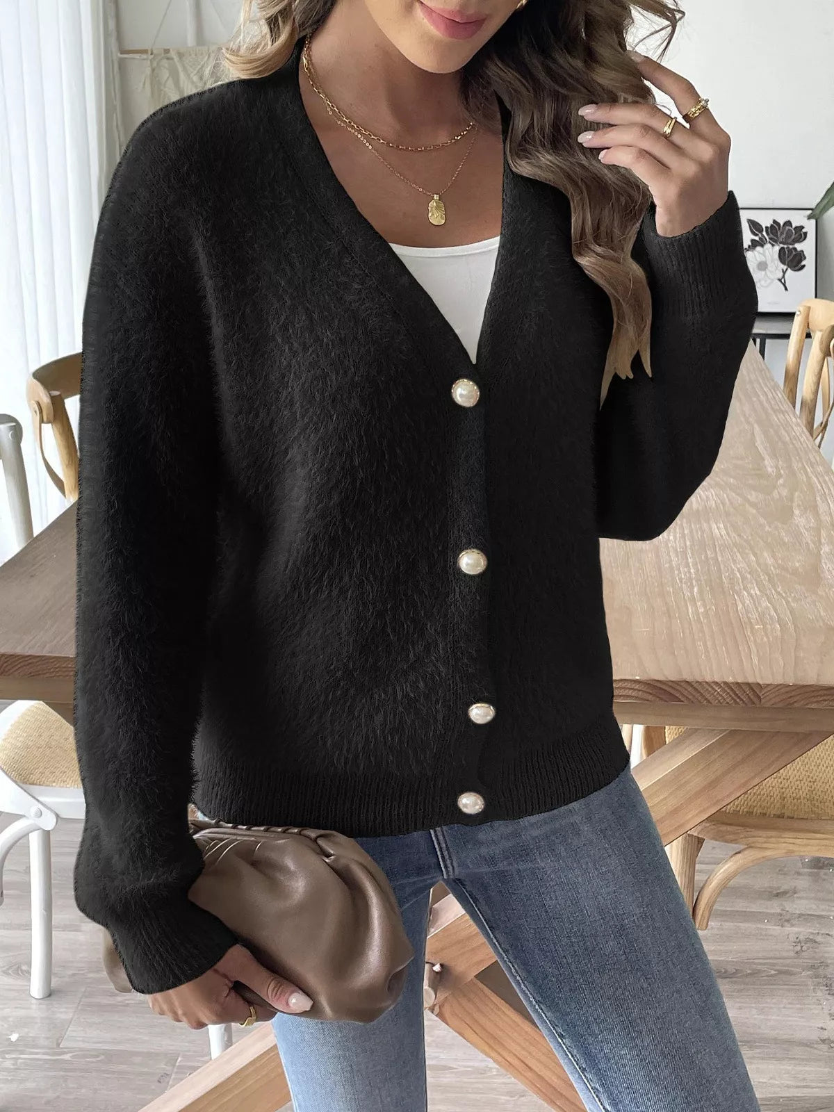 Fuzzy Knit V-Neck Cardigan Black OutfitFlow