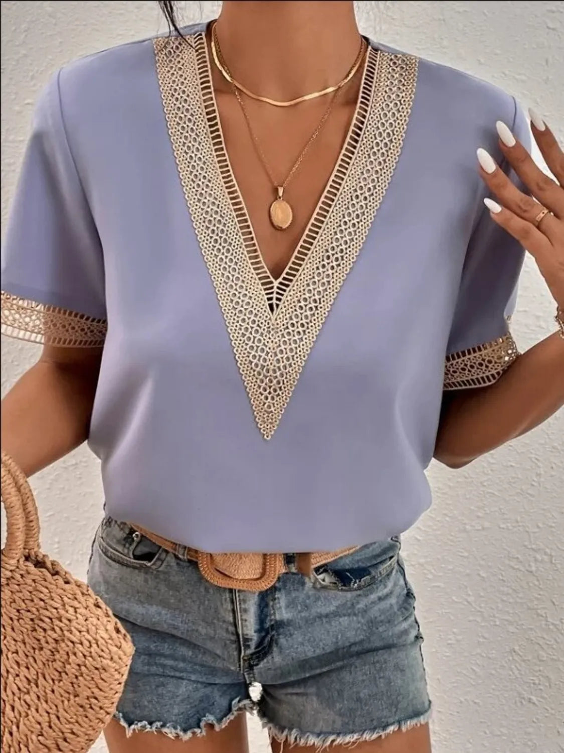 Full Size Contrast V-Neck Short Sleeve Blouse Plus Size OutfitFlow