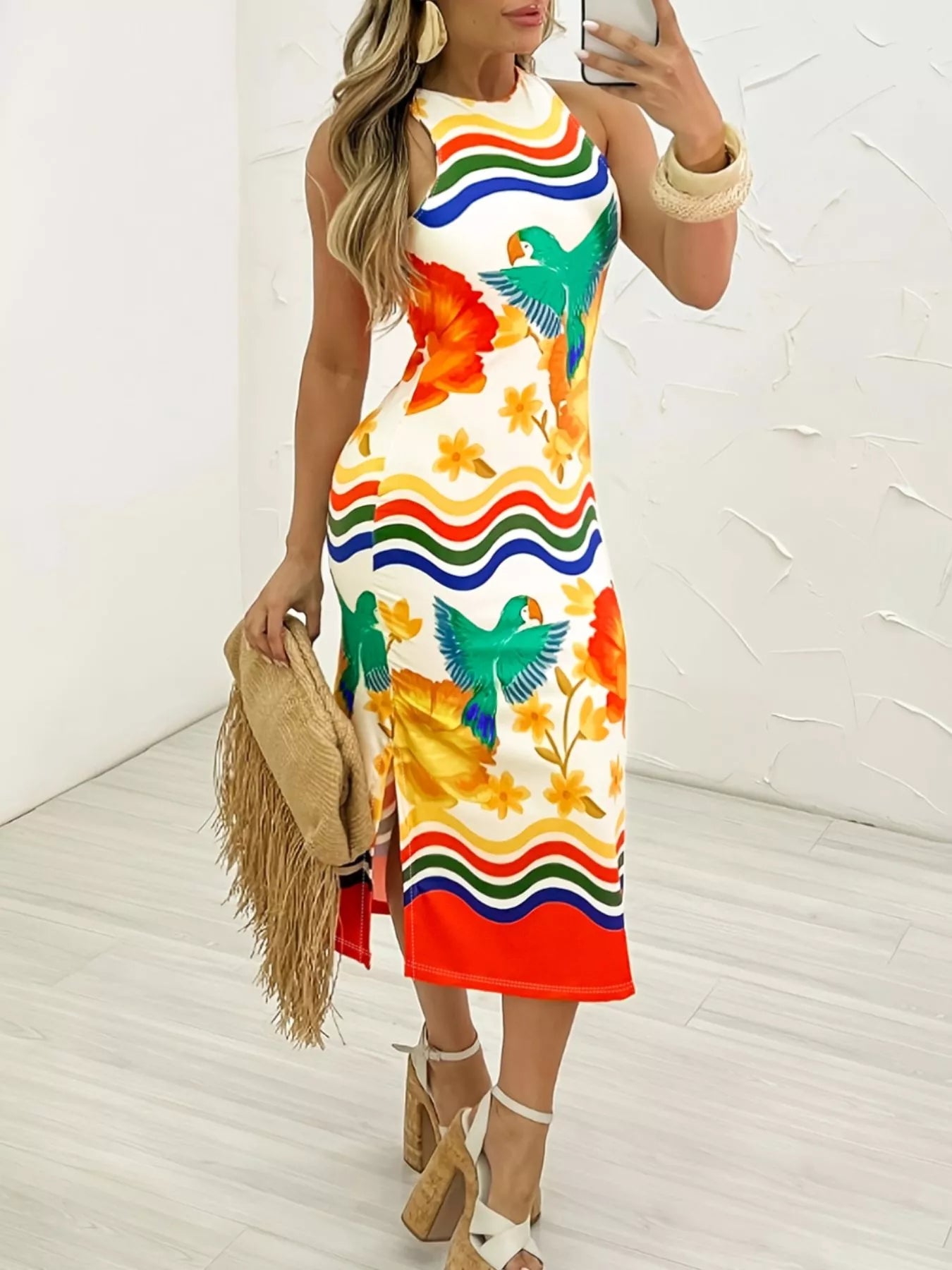 Plus Size Tropical Parrot Print Sleeveless Midi Dress Trendsi