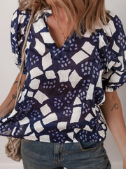 Abstract Print Frilled Puff Sleeve V Neck Blouse OutfitFlow