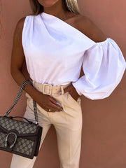 One Shoulder Puff Sleeve Blouse OutfitFlow