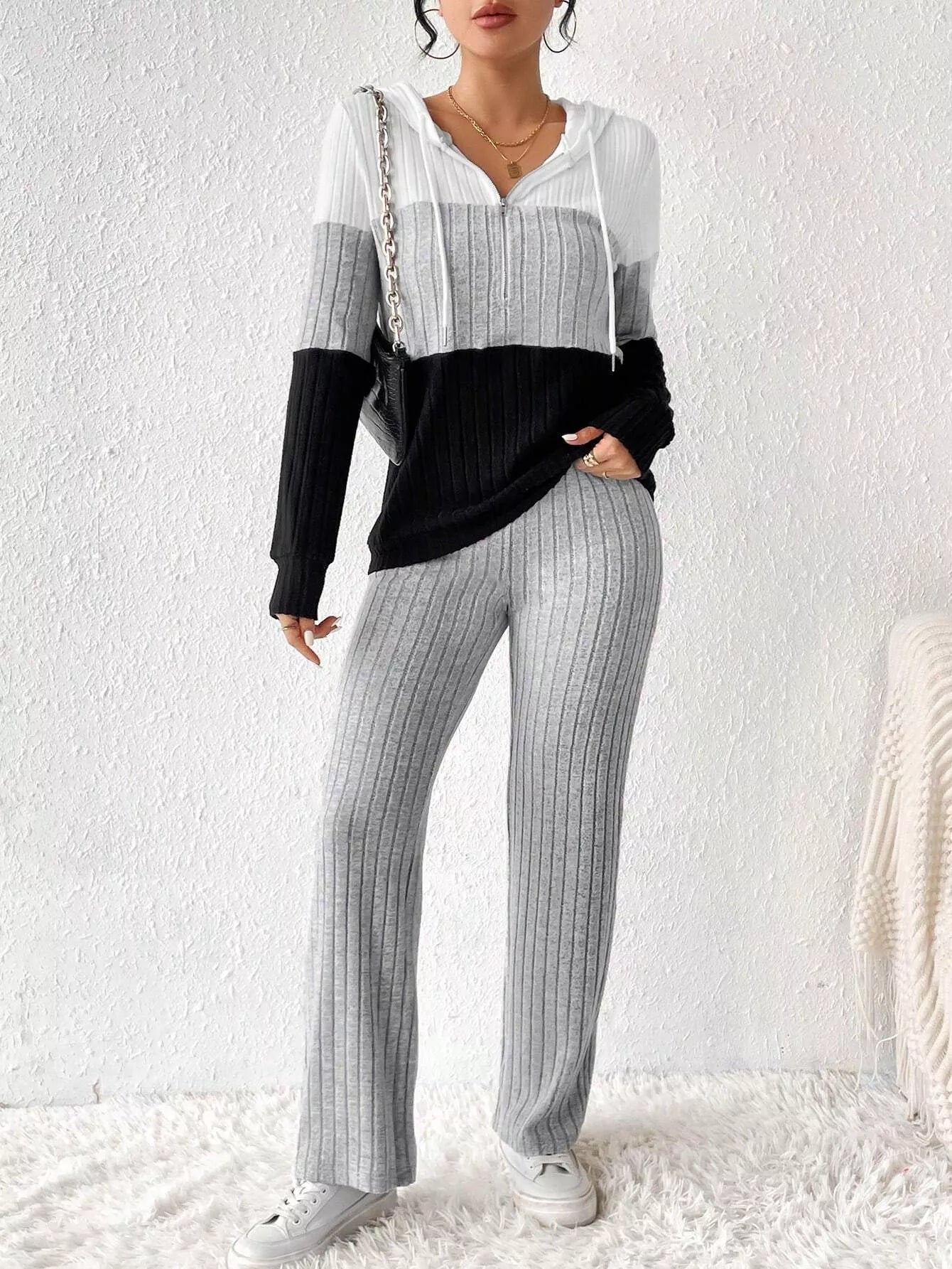 Color Block Half Zip Hooded Top and Pants Set OutfitFlow