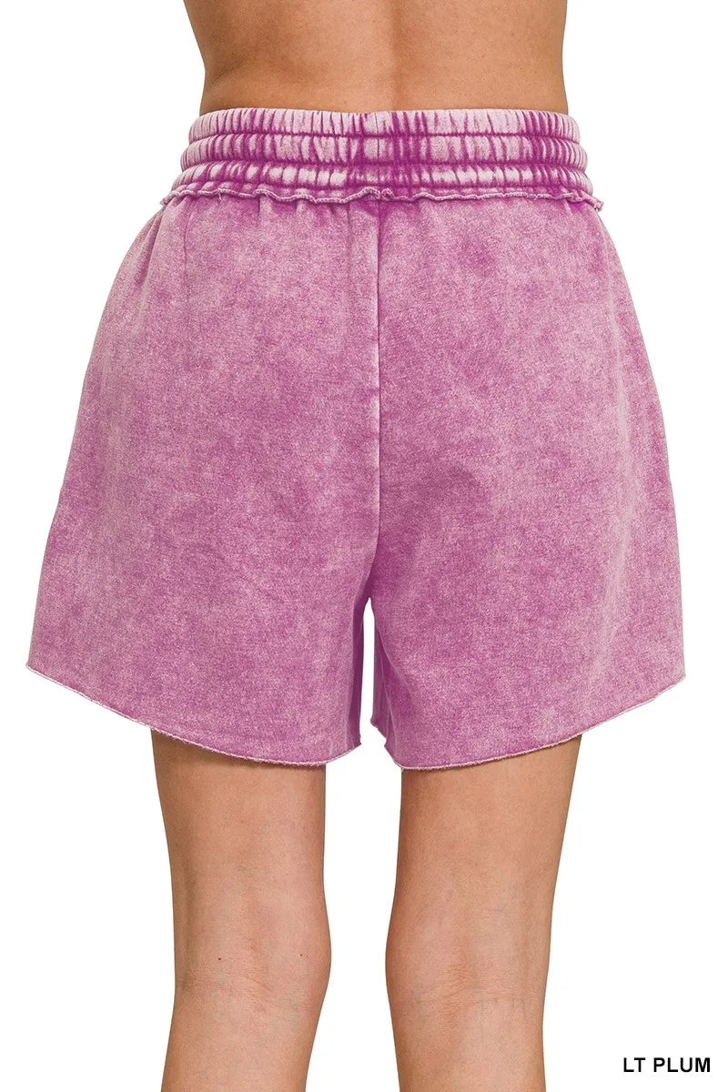 Zenana Acid Wash Fleece Drawstring Shorts With Pockets OutfitFlow