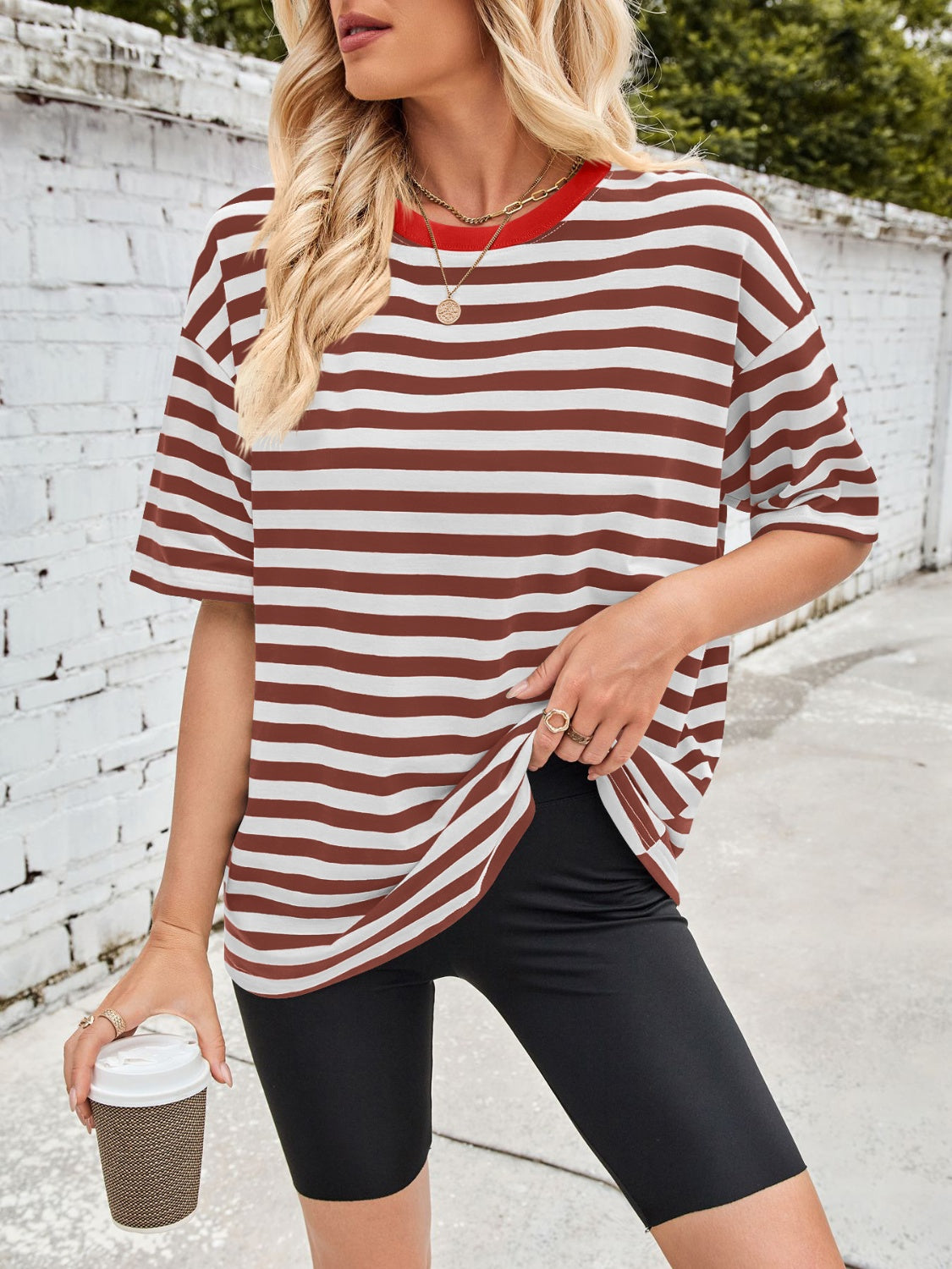 Outfit Flow - Lovelet Striped Round Neck Half Sleeve T-Shirt