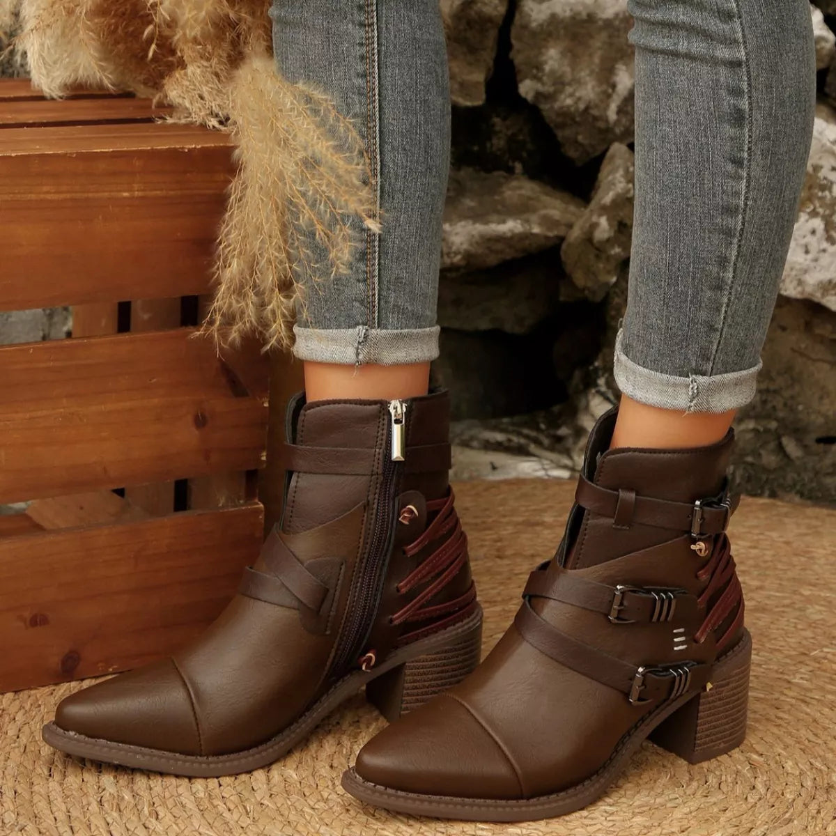 Point Toe Buckle Strap Ankle Boots with Block Heels Dark Brown Trendsi