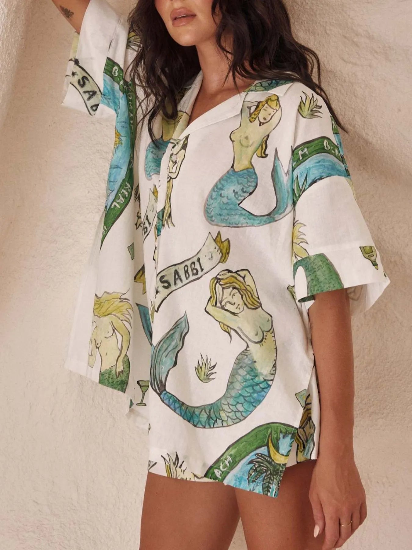 Printed Button Up Shirt and Shorts Set White OutfitFlow