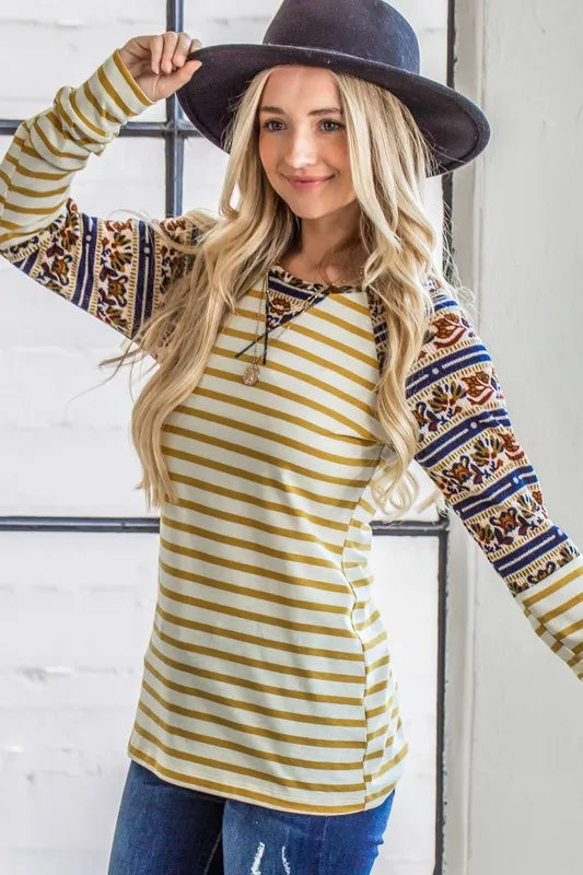 And The Why Stripe Ethnic Print Raglan Top YELLOW OutfitFlow