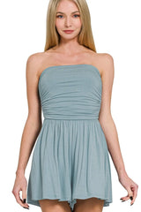 Zenana Double Layered Strapless Tube Top Romper BLUE GREY OutfitFlow