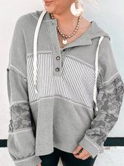Waffle Knit Striped Drawstring Hoodie OutfitFlow