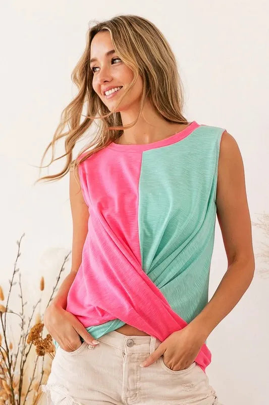 BiBi Slub Terry Color Block Twisted Top OutfitFlow